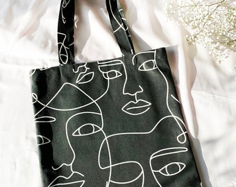 Canvas tote bag - 3 kleuren - met gezichtsomtrek, abstracte gezichten, één lijn gezicht, face print, art print tote bag, herbruikbare tas