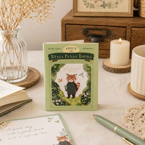 Può includere: Un blocco di foglietti adesivi rettangolare con una copertina verde chiaro che riporta il testo "ABOUT THE RESSA PANDA BOOKS" e l'illustrazione di un panda rosso con un grembiule in un giardino. Il blocco contiene 40 fogli di carta.