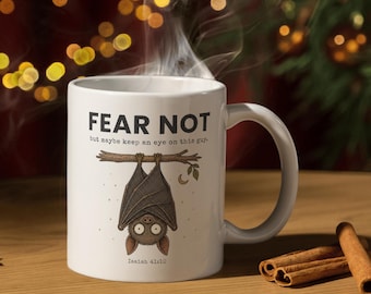 Funny Christian Halloween Mug, Fear Not Bat Coffee Cup, Isaiah 41:10 Faith Mug, Christian Fall Gift for Men Women, Cute Funny Bat Gift