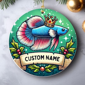 Betta Fish Ceramic Ornament, Customizable Christmas Decoration, Holiday Gift for Fish Lovers, Personalized Xmas Bauble, Festive Fish