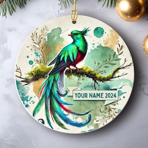 Personalized Quetzal Ceramic Ornament, Guatemalan Christmas Decor, Holiday Gift, Custom Bird Tree Decoration, Keepsake Ornament