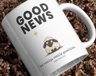Christian Christmas Mug, Good News Luke 2:10-11 Coffee Cup, Funny Nativity Sheep Mug, Jesus Christmas Gift for Men Women, 11oz 15oz
