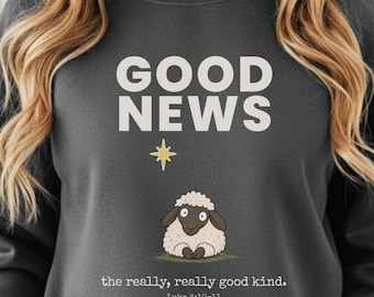 Christian Christmas Sweatshirt, Good News Luke 2:10-11 Crewneck, Funny Nativity Sheep Shirt, Faith Based Christmas Gift for Men Women