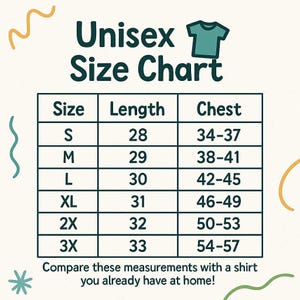 May include: A unisex size chart with measurements for length and chest in inches. Sizes range from S to 3X. The chart includes the text "Compare these measurements with a shirt you already have at home!"