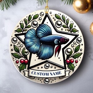 Betta Fish Ceramic Ornament, Customizable Christmas Decoration, Holiday Gift for Fish Lovers, Personalized Xmas Bauble, Festive Fish