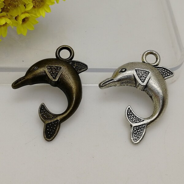 6 / 20 pieces , metal dolphin porpoise pendant charm , handmade jewelry earring necklace DIY finding antique bronze silver color , XM0662