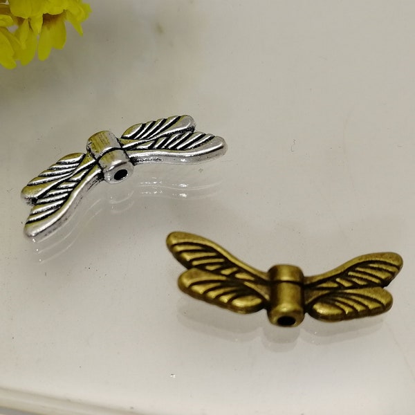 30 / 100 pieces , metal dragonfly wing bead charm , handmade craft jewelry making DIY finding , antique bronze silver color option , XM0081