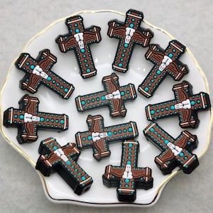 Silicone Bead Jesus Cross Bull Skull Turquoise Focal Bead for Pen Bracelet Necklace Keychain Lanyard, Silicone Bead DIY Charm Finding XS0576