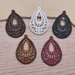 6/20/100 pcs Teardrop Shape Natural Wooden Pendant , Unfinished Wood Cutout Earring Dangle Drop Charm Painted Dyed Stained Filigree , XW0011