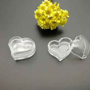 Op de afbeelding: Twee transparante, hartvormige doosjes van plastic. Eén doosje is gesloten en het andere is open, waardoor een kleiner, hartvormig compartiment zichtbaar wordt.