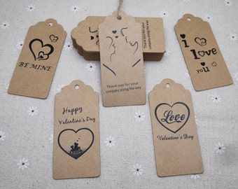 100 pieces paper hang tag with string rope , Valentine's Day Gift kraft card tag love heart thank you Wedding Christmas Party Labels XZ0017