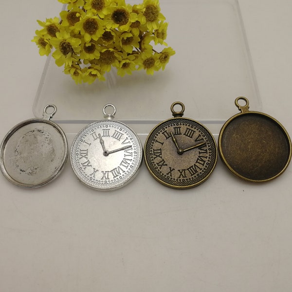 6/20 pièces, pendentif horloge en métal breloque avec plateau cabochon 25mm, collier boucle d’oreille bijoux bricolage retrouvant bronze antique argent couleur XM0523