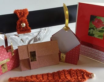 Coffret cadeau fait main, carte aquarelle, bracelet au crochet, petit sac à main