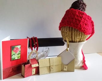 Jeu de cartes fait main rose rouge : bandeau au crochet, bracelet et travaux manuels en papier