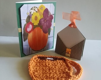 Coffret citrouille : carte aquarelle, sous-verre au crochet, support pour sachet de thé
