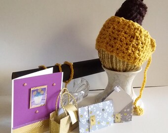 Coffret cadeau fait main, carte de voeux, bandeau au crochet et bracelet