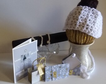 Coffret 6 pièces fait main : carte aquarelle, bandeau au crochet blanc et bracelet