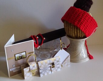 Coffret cadeau carte de voeux fait main, bandeau au crochet, bracelet bohème