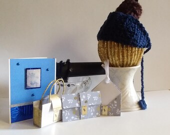 Jeu de cartes bleues faites main, sac à main élégant, porte-sachet de thé, bandeau au crochet