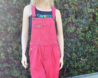 Vintage 80s  denim Anchor Blue.  Red Overalls Size Medium