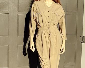 Vintage Diane Von Furstenberg Khaki Tan Cotton Jumpsuit Vintage 80's Sz medium