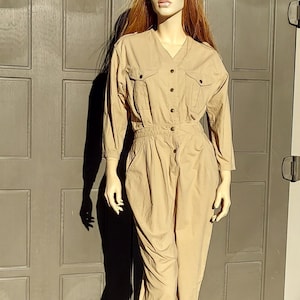 Vintage Diane Von Furstenberg Khaki Tan Cotton Jumpsuit Vintage 80&#39;s Sz medium