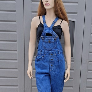 Unique chest straps Vintage 80s blue denim Overalls Size Small image 1