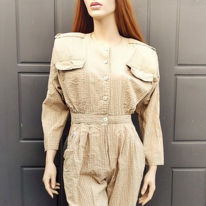 Vintage Seersucker Tan Cotton  Jumpsuit Vintage 80&#39;s Sz Small