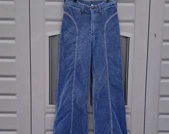 Vtg 70's High waisted  slate blue  bell bottom Corduroy Pants  Waist 28.5 inches