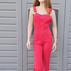 Vintage 70s Red cotton bellbottom Jumpsuit Overalls  Sz  Small