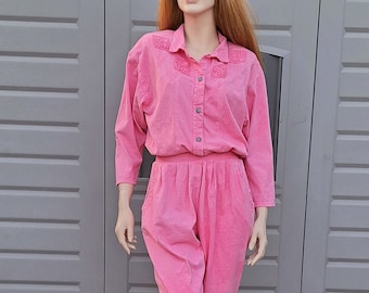 Vintage 80s  pink cotton knit jumpsuit jumper