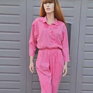 Vintage 80s  pink cotton knit jumpsuit jumper