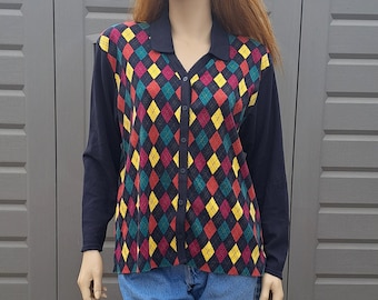 16--vintage 80's Liz Sport Argyle Cotton Knit Shirt Top Button