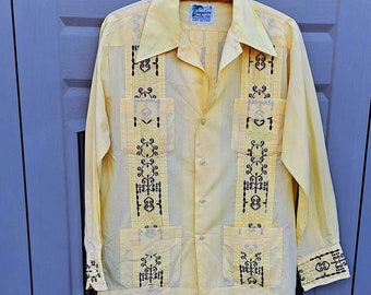 Vintage 70's Yellow Guayabera Mexican wedding shirt brown and yellow embroidered Sz Medium