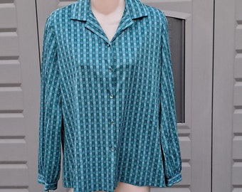 Funky teal blue polyester Vintage 70's womens  shirt top  buttons down the front Graff
