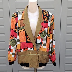 Silk Vtg 90&#39;s colorful artsy Bomber Jacket 1980s  Sz Large