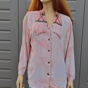 Vintage 80&#39;s Pink and white shirt top blouse tie dye decorative  Sz Medium