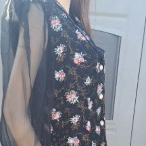 Vintage 80's flower print button down dress sheer sleeves 1980 Sz Medium