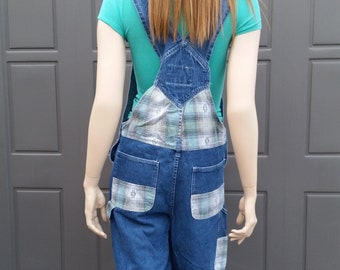 Vintage Plaid & Blue denim Overalls Sz Medium