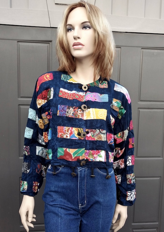 Vtg 80's Cropped Rayon  Jacket  with colorful patc