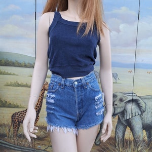 Vtg 80&#39;s Levis button fly distressed cut off denim shorts 25.5 inch waist-----USA