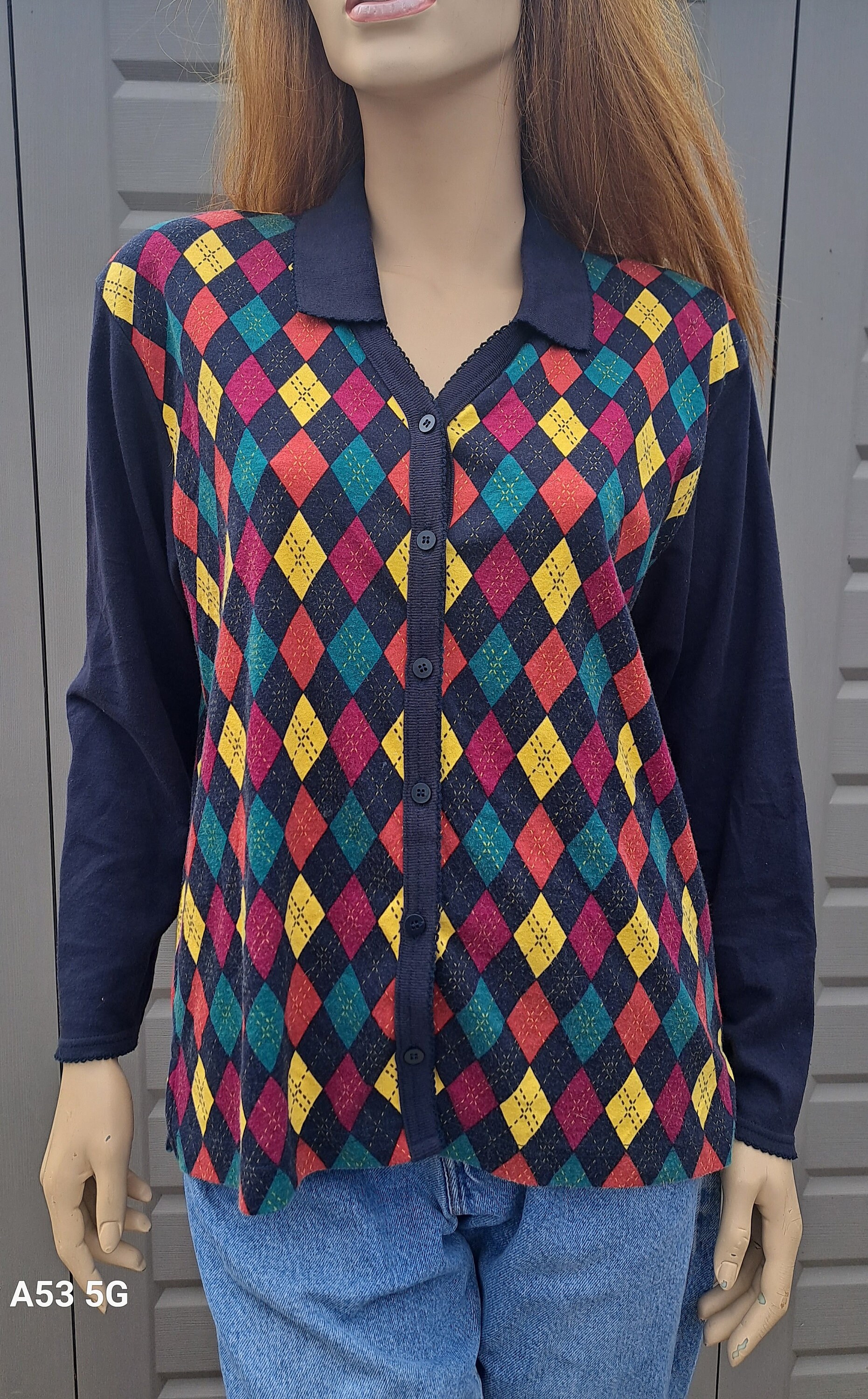 トップス house on the hill Argyle tops 80 16--vintage 80's Liz Sport Argyle Cotton Knit Shirt Top Button