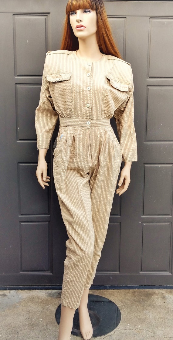Vintage Seersucker Tan Cotton Jumpsuit Vintage 80