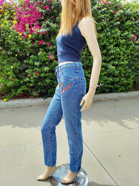ri❤︎プロフmeer. PIPING BORDER DENIM Sサイズ Vintage 80s Chipie Denim Jeans With Patches High Waist