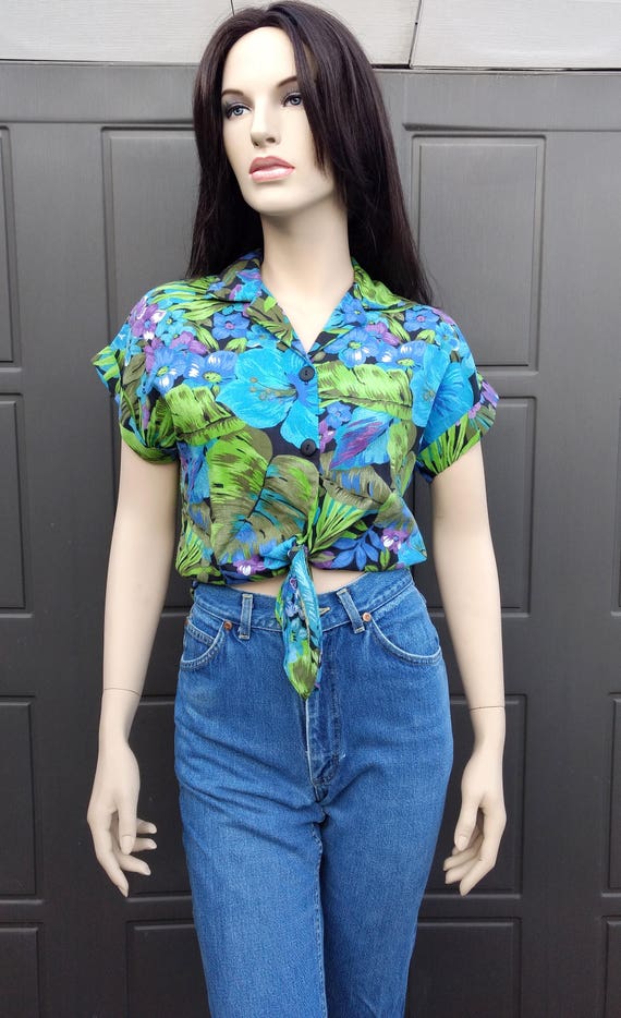 Croped tropical print shirt top Vintage 70-80's S… - image 1