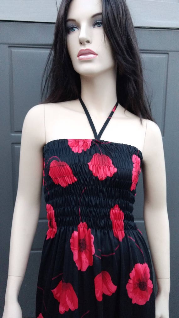 1970's Vintage black and red flower dress sz Small - image 2