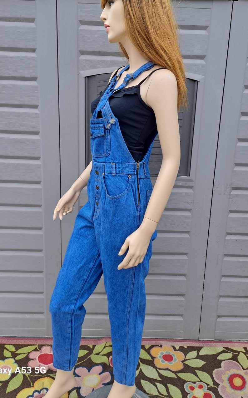 Unique chest straps Vintage 80s blue denim Overalls Size Small image 4