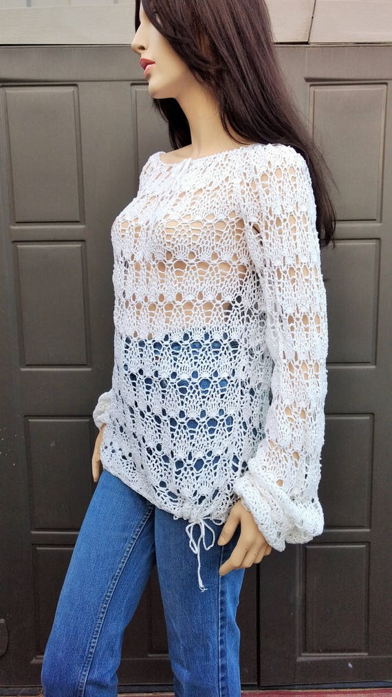 Vintage White hand crocheted SWEATER Small to med… - image 3