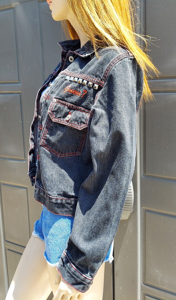 Black denim VTG Guess Jacket with red stitching  … - image 5