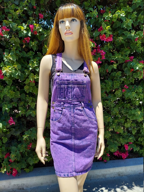 Vintage 80's Purple Hand Dyed Denim Overall Mini Dress Sz Up to 28 inch Waist